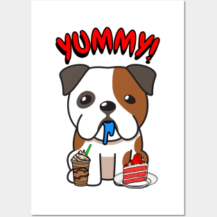 Cute english bulldog is having coffee and cake Posters and Art